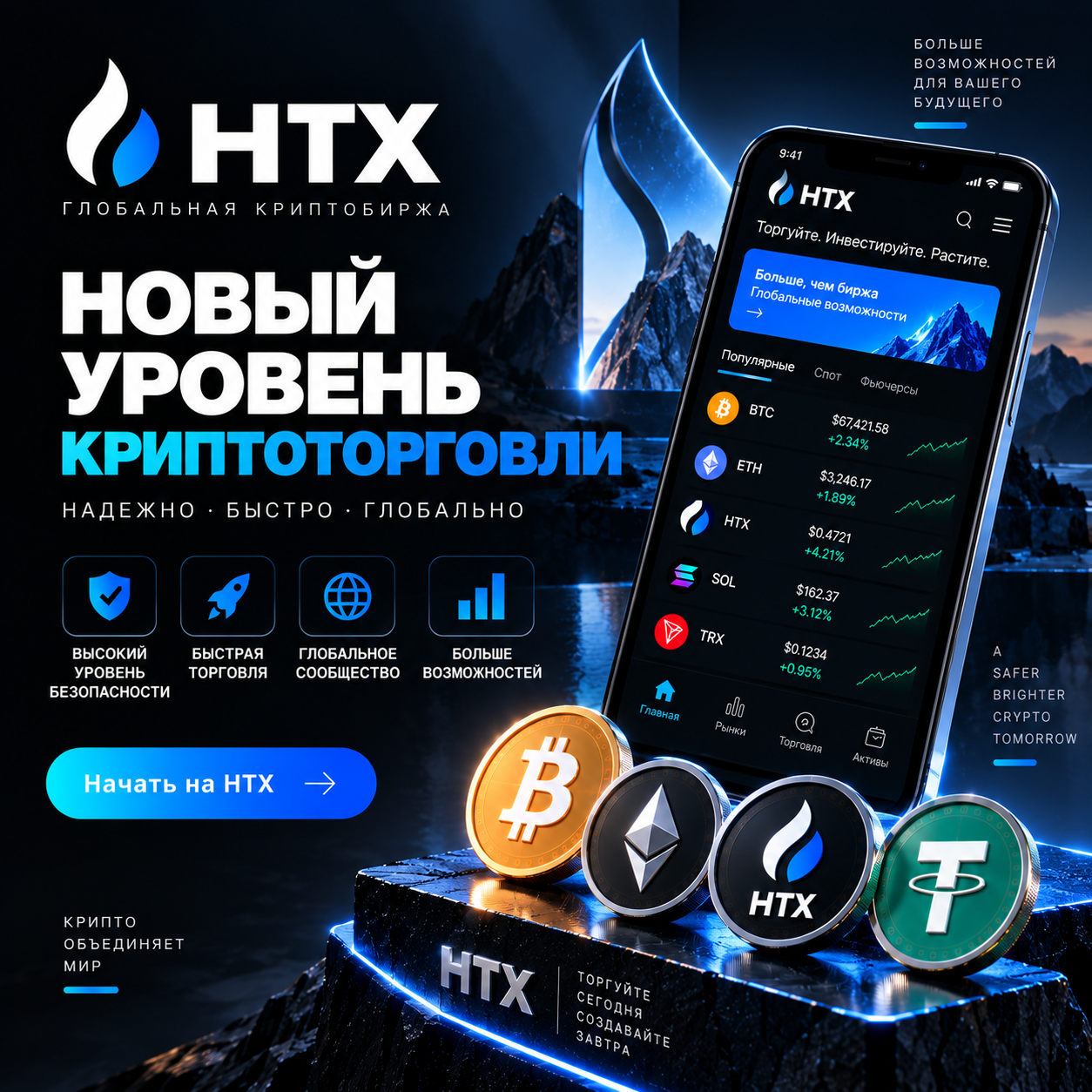 Порядок шагов для HTX вход: домен, данные, затем подтверждение в приложении